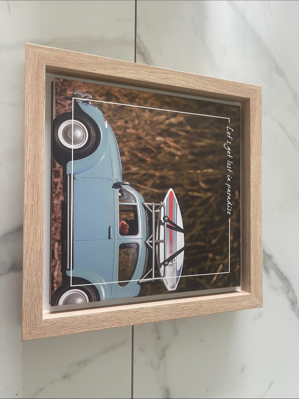 Wood Frame Wall Art - Light Blue Vintage Car Print